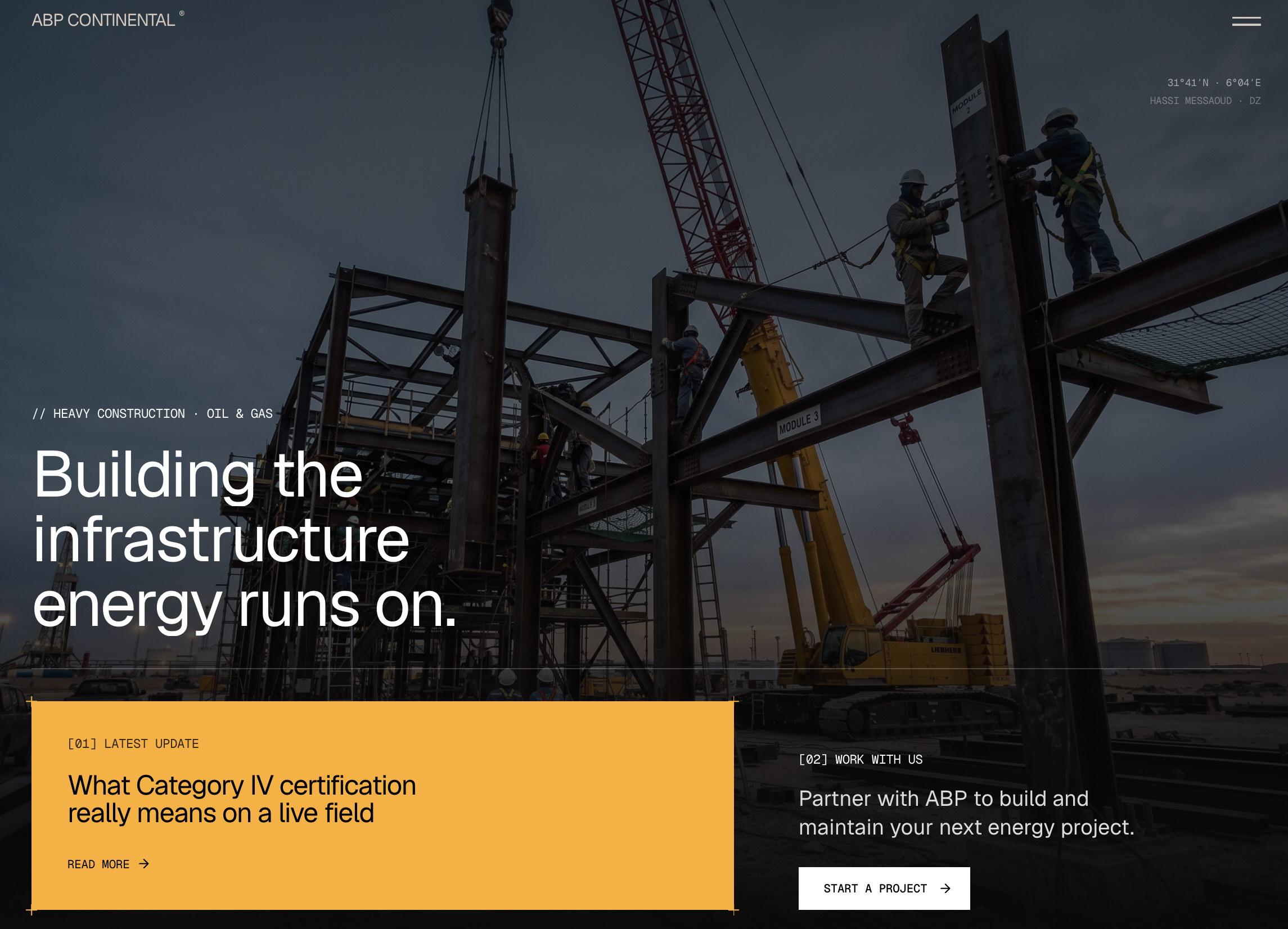 The ABP Continental home page: its lead image of steel erection at dusk, two riggers bolting a column with a crawler crane behind them, map coordinates printed in the corner, the headline “Building the infrastructure energy runs on.” across the lower left, and a yellow update plate beside a work-with-us panel.
