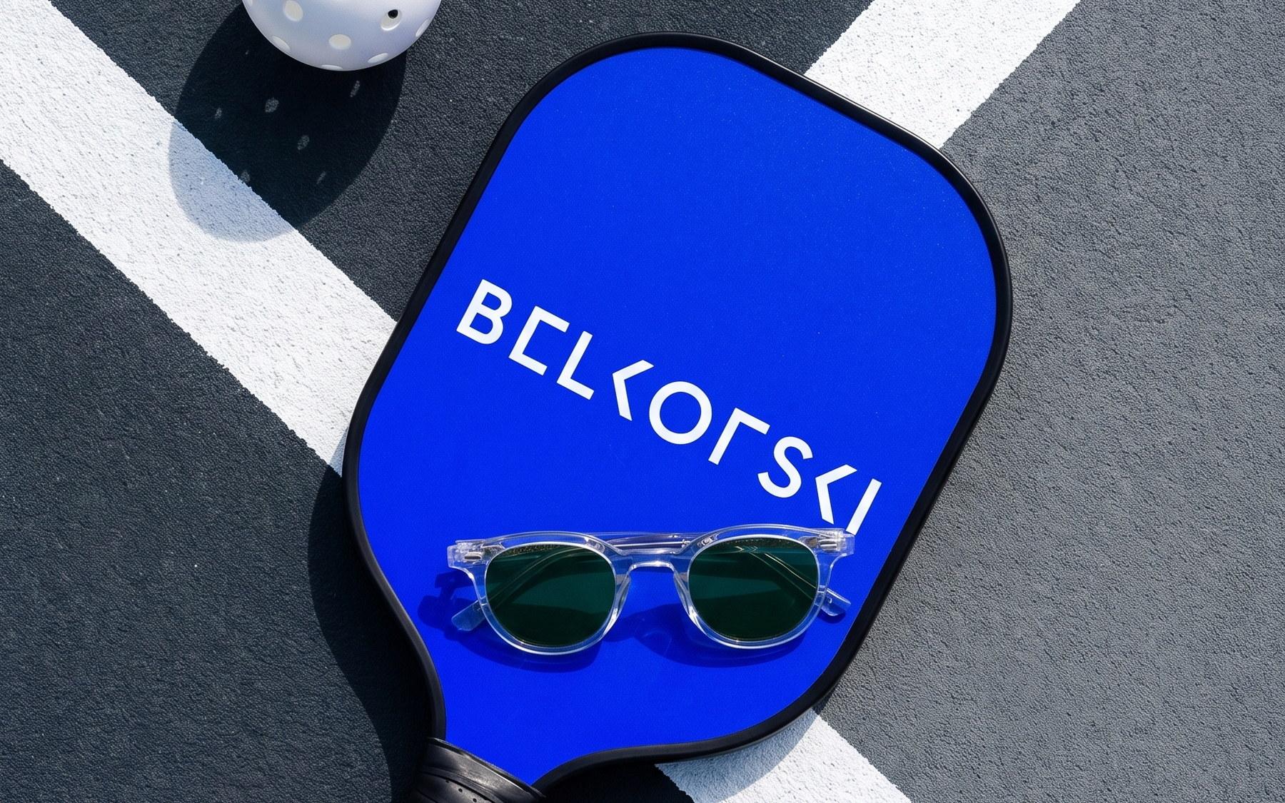 A blue Belkofski paddle carrying the wordmark, lying across a court line with a white ball beside it and a pair of clear frames on its face, shot from above.
