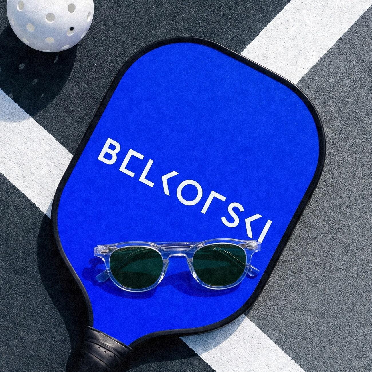 A blue Belkofski paddle and a pair of clear frames on a court, cut by the white line, shot from above.