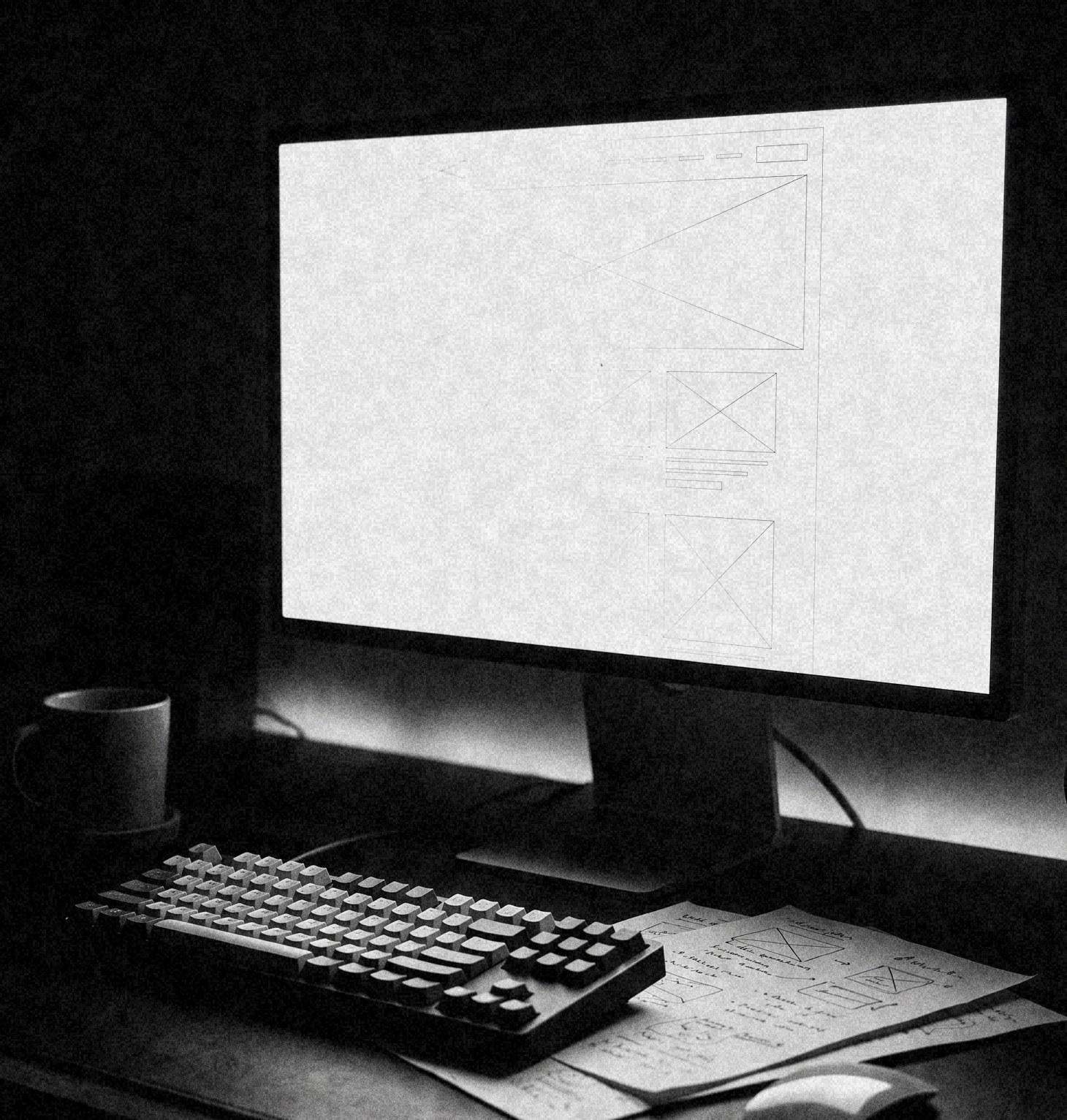 A desk at night in black and white: a monitor showing a wireframe layout and sketches on paper.