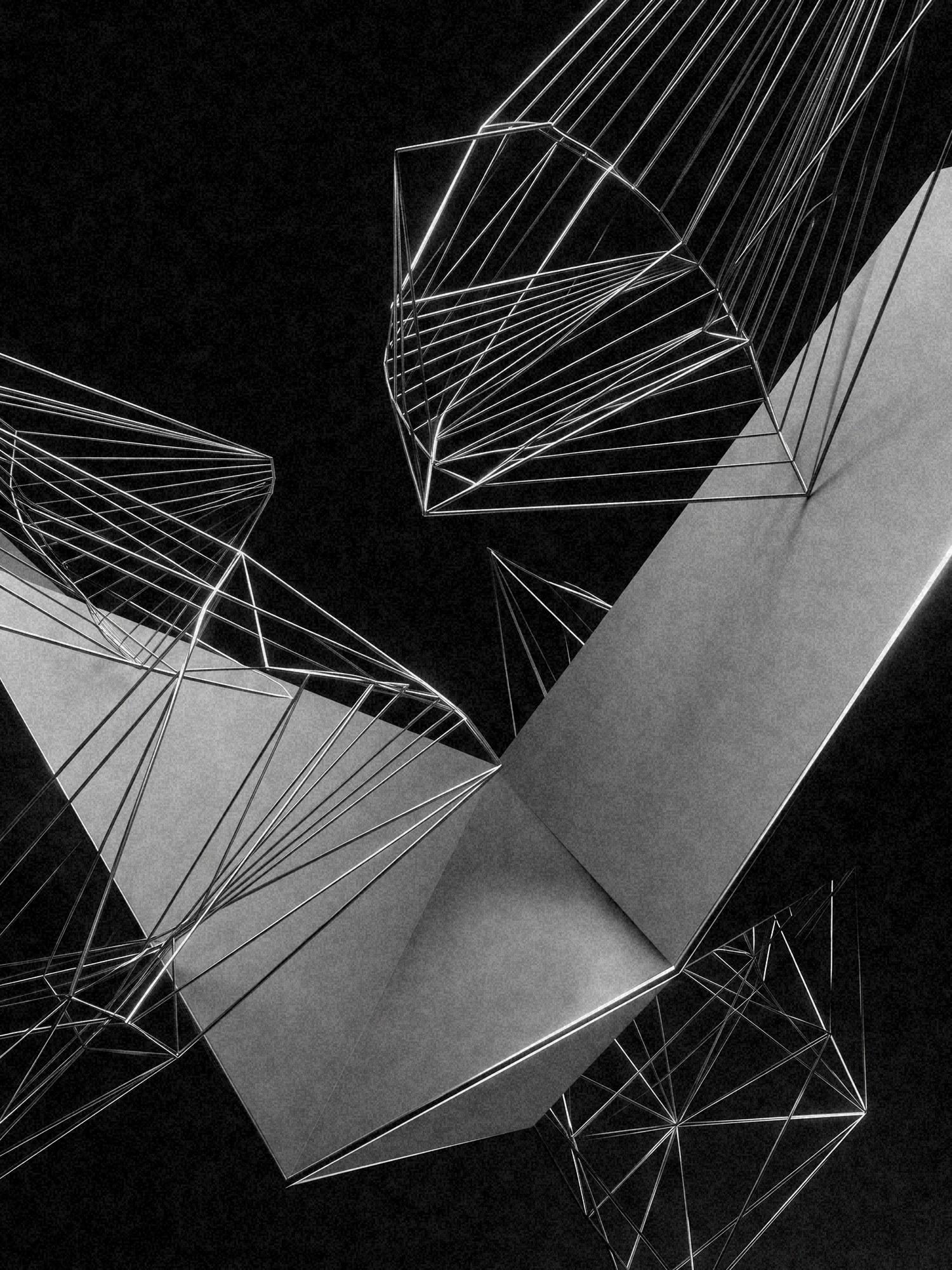 A monochrome render: wireframe polyhedra and solid white planes suspended against black, lit along their edges.