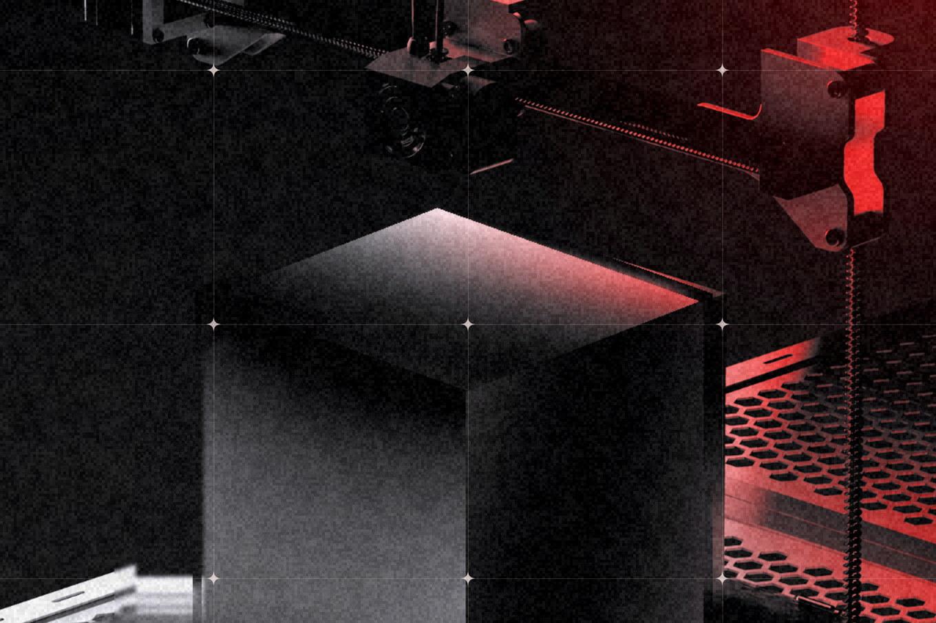 A Recalibre render: a black cube held square on a perforated steel bed under a gantry head, lit in red.